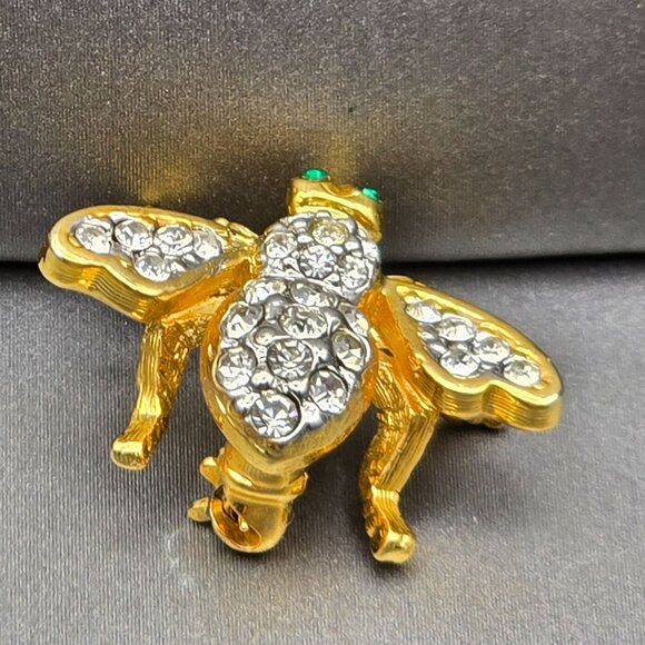 VTG Joan Rivers Bee Brooch 7/8" Clear Rhinestones Green Eyes Gold-Plated Signed - Picture 3 of 8